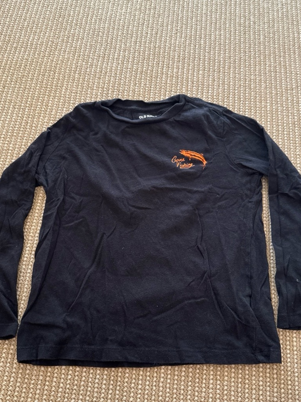 Old Navy Black Long-Sleeve Tee with Orange Fishing Graphic